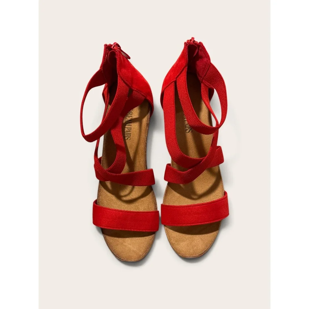 Dream Pairs NINI-3 Womens Red Elastic Multi Strap Wedge Sandals Size 8.5 NEW